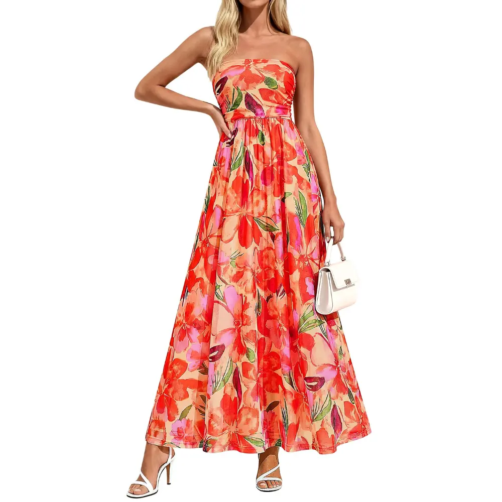 PrettyGarden Women's Boho Maxi Dress Summer Floral Tube Strapless Spring Wedding Guest Cocktail Long Dresses