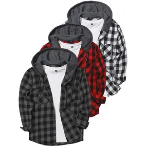 Men'S Plaid Hoodie Flannel Shirt Jacket Long Sleeve Casual Fashion Button Shirts Loose Menswear