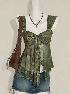 BRANDON SHEIN ICON Vintage Print Asymmetrical Hem Mesh Trim Women Tank Top