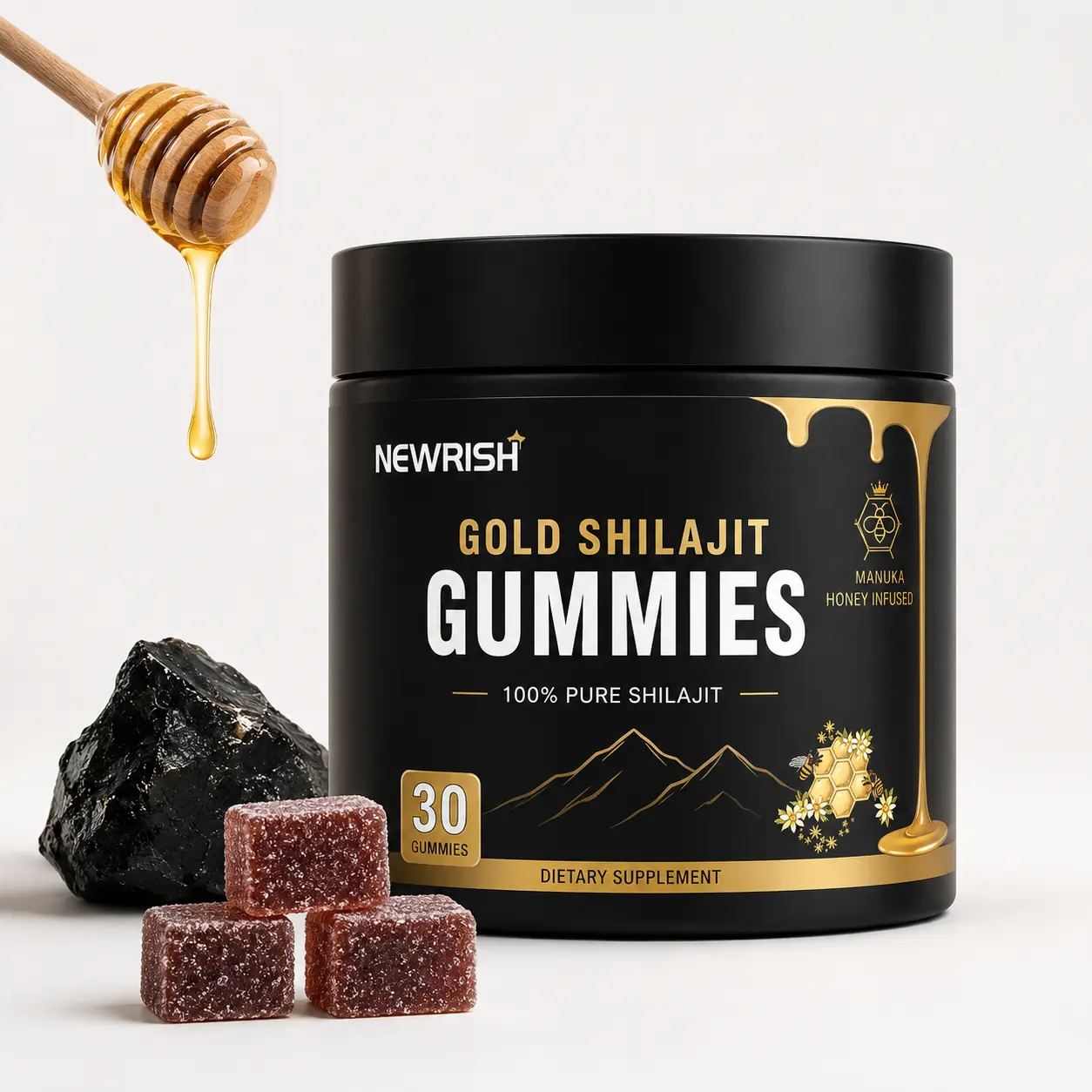 Newrish Gold Shilajit Gummies | 100% Natural Organic | Manuka Honey | Fulvic Acid & 85+ Trace Minerals | 30 Gummies