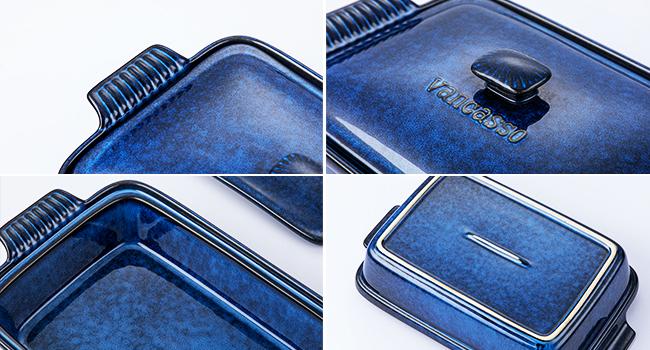 vancasso Starry 1.9/3.8 Quart Casserole Dish, Large Lasagna pan with lid, Stoneware Casserole with lid, Microwave Safe, Blue Heat Resistant Bakeware Oven