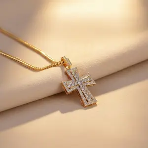 King Of Bling's Real 0.33ct Diamond 925 Sterling Silver Cross Charm Necklace Yellow Pendant