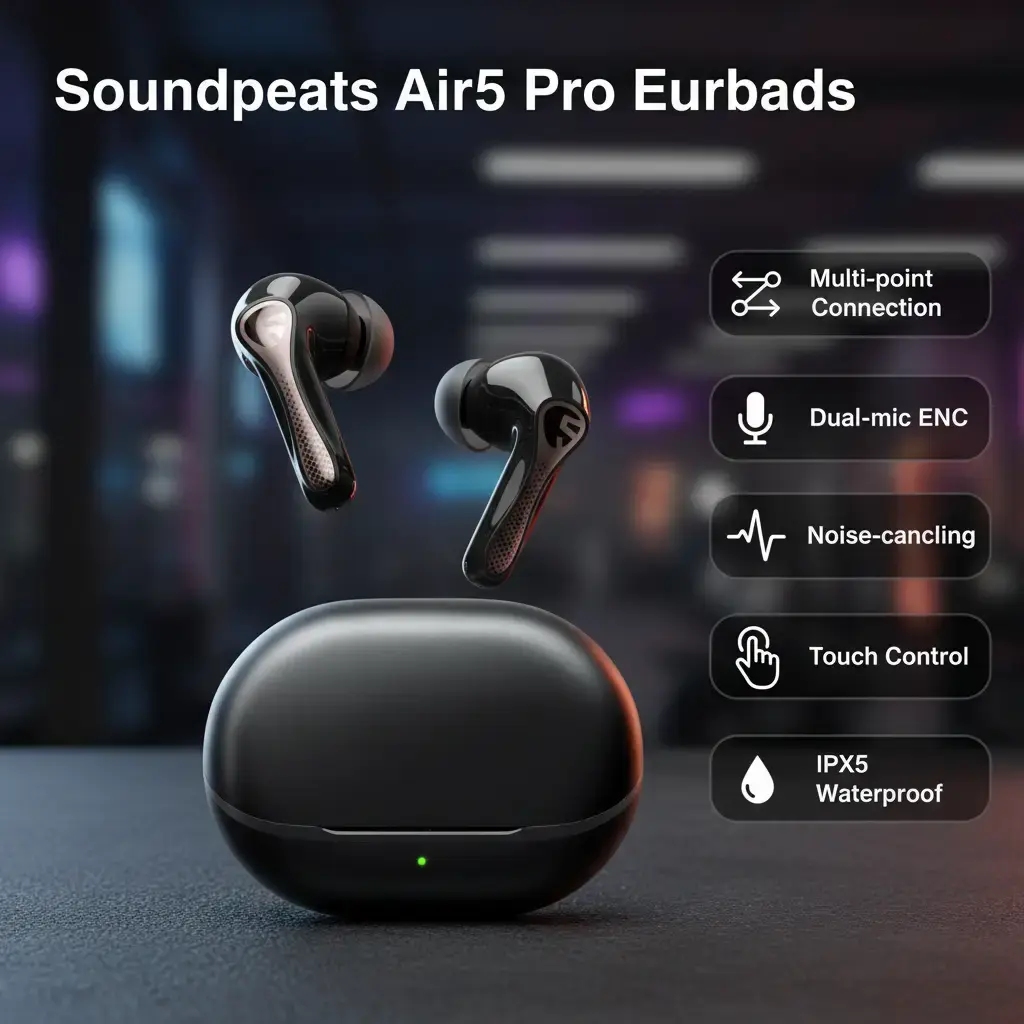SoundPEATS Air5 Pro Wireless Earbuds Bluetooth 5.4 QCC3091, Multi-Point Connection, ENC Noise Cancelling, Gaming Mode, Dual Mic, Touch Control, LDAC Hi-Res Audio, IPX5 Waterproof Earphones