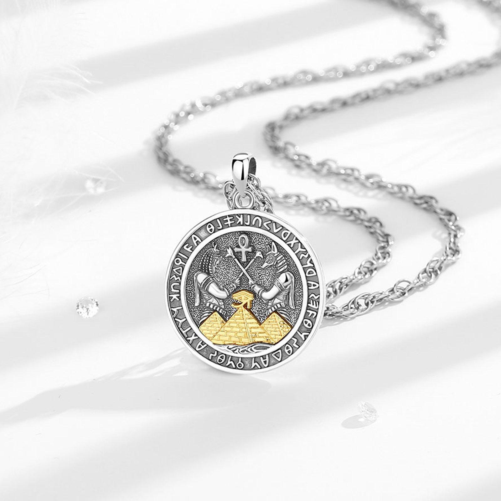 Eudora S925 Sliver Egyptian Necklace, Anubis & Horus God Pendants, Two-Tone Gold Eye of Horus Ankh Amulet,  Mythology Jewelry, Guardian  Hieroglyphics   Gift