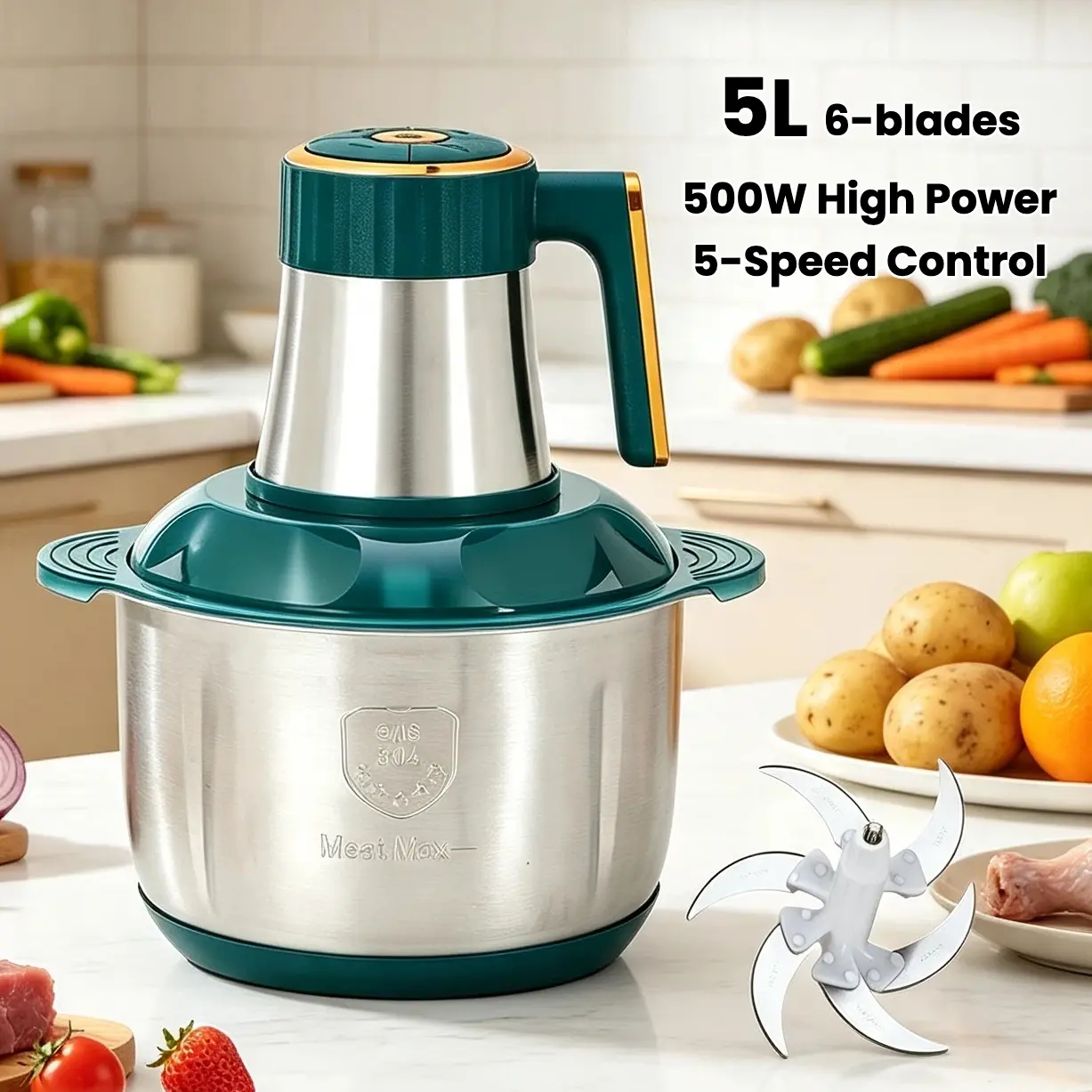 500W Brass Motor Home Food Processor - 5L Capacity Bowl, 5 Speed+Pulse, 6-Blade Blade, Multifunctional Chopper Slicer, 2-Minute Overheating Protection for Household Kitchen Use, 5-Liter Large Capacity
