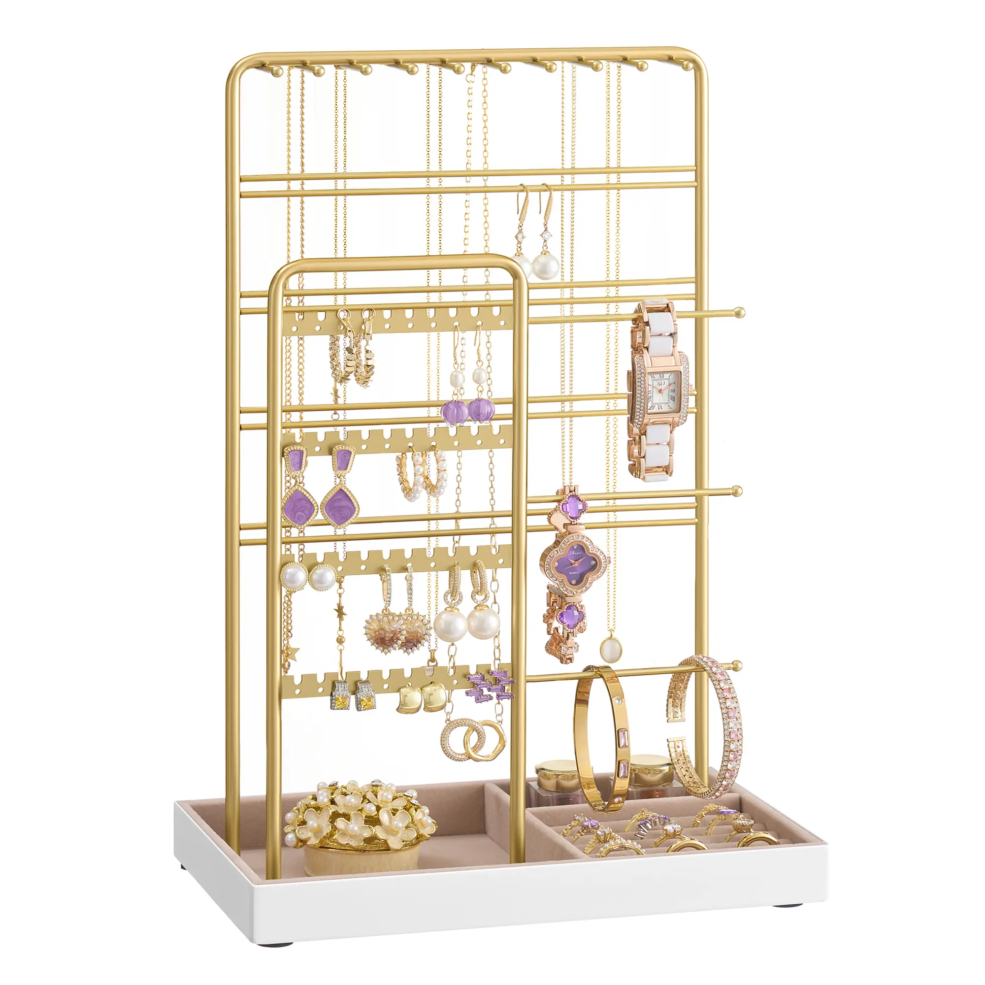 SONGMICS Necklace Holder, Jewelry Stand Holder Organizer, Jewelry Display with Metal Frame, Velvet Tray, Earring Bracelet Holder, for Gift Idea, 5.5 x 9.4 x 14.1 inch, Pale Gold UJJS028A01 | Necklace Earring Bracelet Holder, for Studs, Rings, Gift Idea