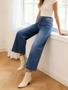 Women Wide Leg Jeans High Waisted Seamed Front Raw Hem Denim Capri Pants Stretchy