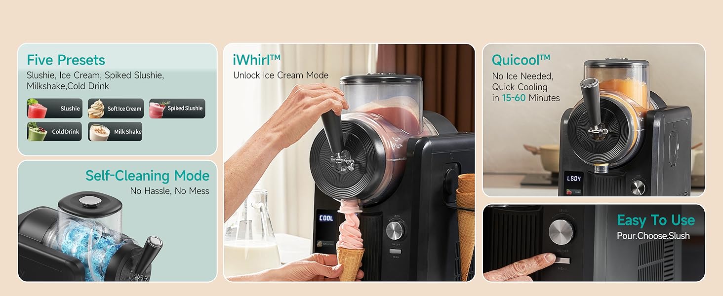 HiCOZY F3 Slushie Machine & Soft Serve Ice Cream Machine, No Ice Needed, Self-Cleaning, 5 Presets for Soft Serve, Frozen Drink, Milk Shake, Margaritas, Frappés and More