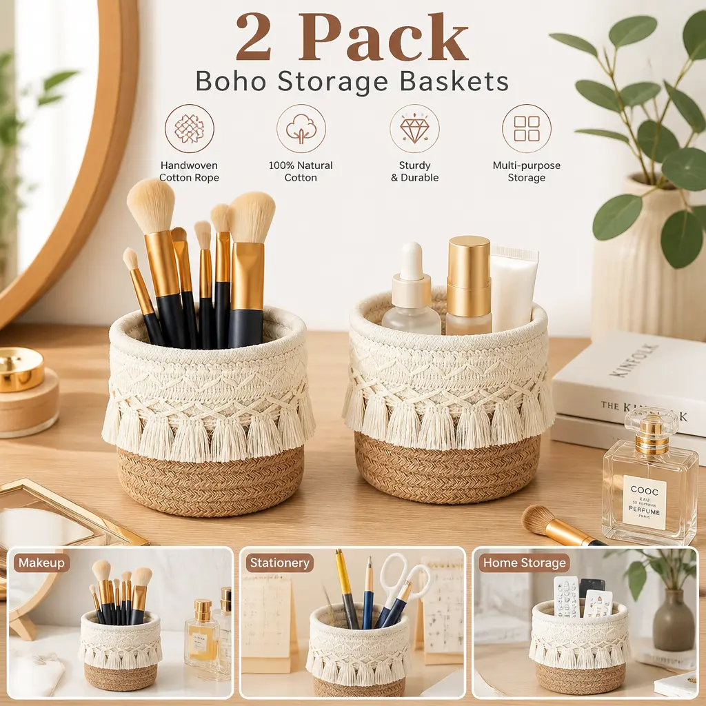 Cotton Boho Tassel Macrame Organizer Baskets 2-Piece Set - Office Accessories for Vanity, Beauty Storage, Kitchen Utensil Organization (Mother's Day Gift Option), Tassels