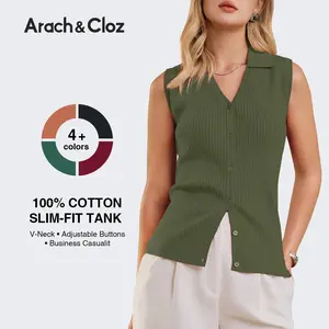 Arach&Cloz Women's 100% Cotton Button Down Summer Business Casual Slim Fitted Tank Tops 2026