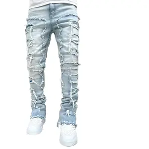 Ins Fringes Ripped Trousers Individual Patched Pants Long Tight Fit Stacked Jeans For Mens Clothing