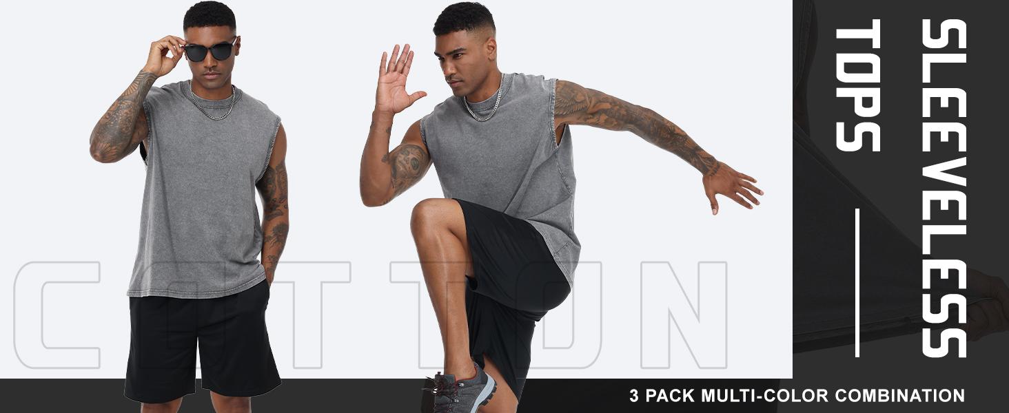 3 Pack Men's Cotton Sleeveless Muscle Tank Tops Vintage Acid Wash Cutoff Loose Workout Tee Shirts Running Men Women Cotton Workout Tank Tops Sleeveless Acid Wash Tshirts Cut Off Muscle Shirts