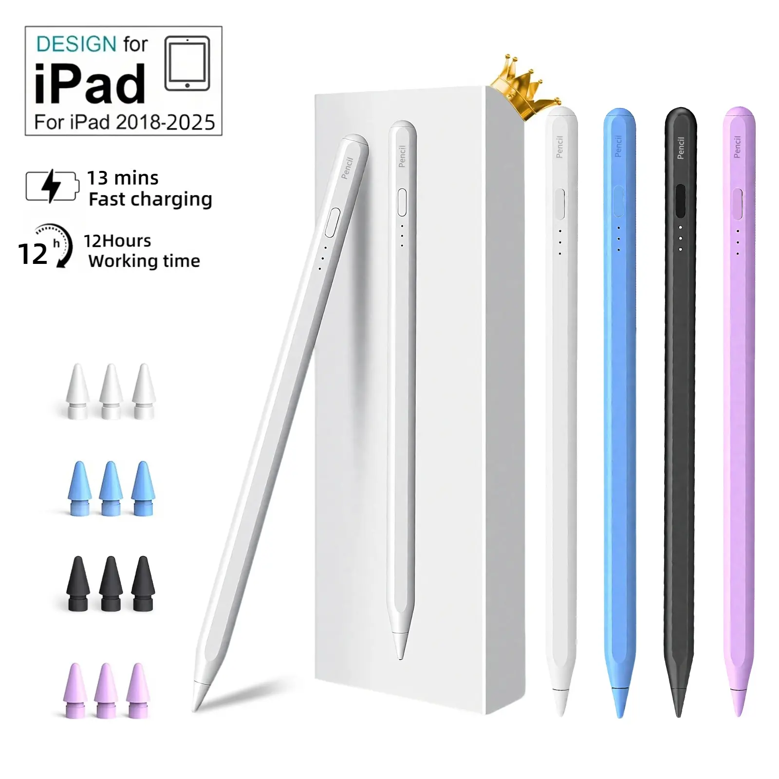 iPad Pencil, 10 Mins Fast Charging Stylus Pen with Palm Rejection, Tilt Sensitivity for iPad 6/7/8/9/10/11,Air 3/4/5/M2/M3, Mini 5/6, iPad Pro 11"/12.9"/M4