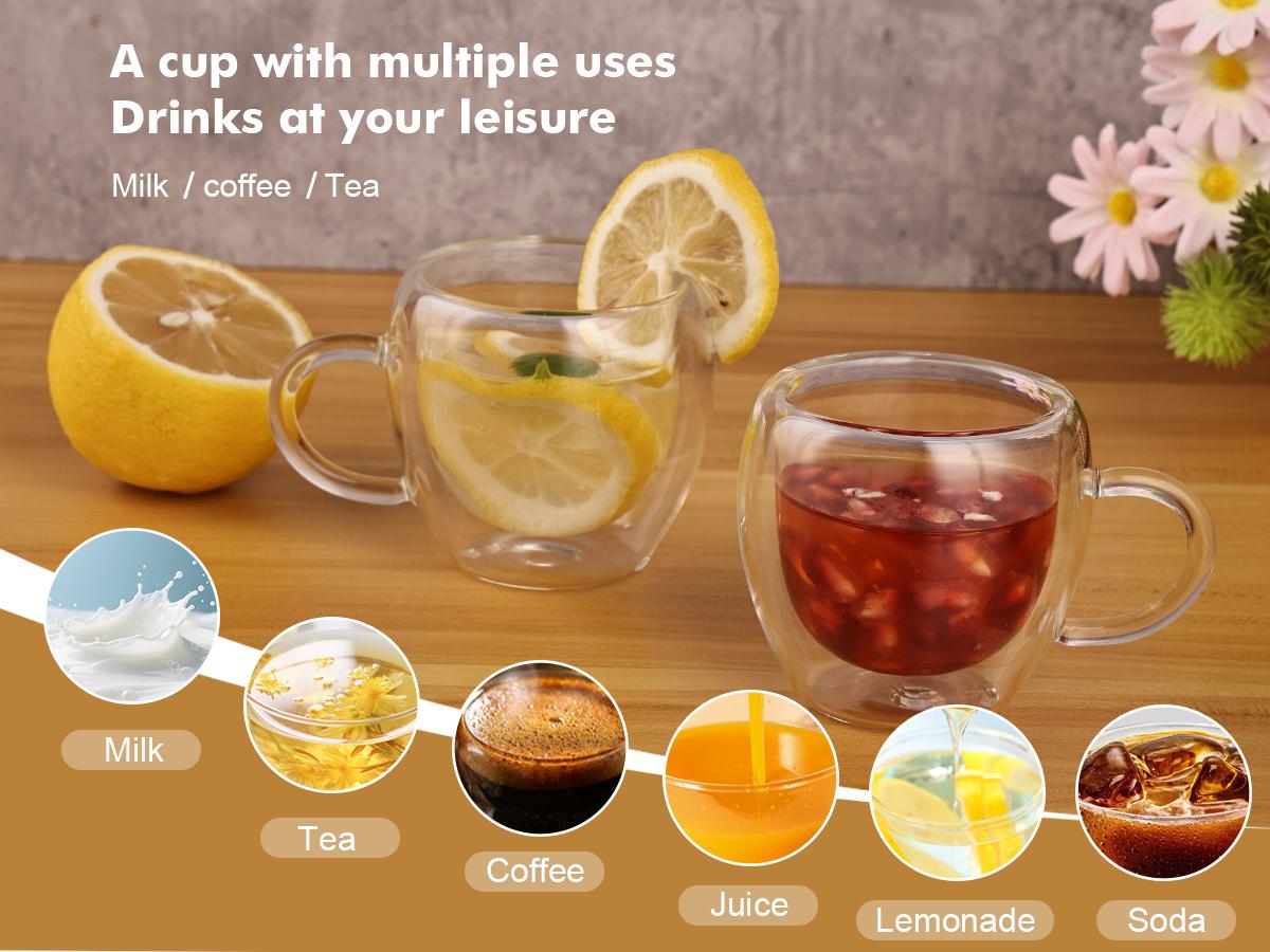 2.5oz Double Walled Espresso Coffee Cups Set of 6 with Handle,Express Shots Glass Cup,Tazas de Cafe Expreso,Espresso Drinkware,Borosilicate, Aesthetic Handmade