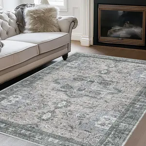 Muddy Mat Antique Washable Area Rugs for Living Room, Bedroom & Dining Room – Modern Soft Low Pile Non Slip Carpet – Pet Friendly Waterproof Foldable Rugs for Home