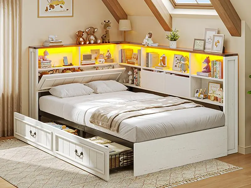 AOGLLATI Full Size Farm Style Bedframe - Corner Design with Storage Drawers, Embossed Hidden Bookcase Headboard with Outlets, Tool-Free Assembly, Built-In Charging Ports, Farmhouse Wood Daybed
