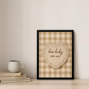 How Lucky Are We Print _ Tan Gingham Cottagecore Wall Art _ Neutral Farmhouse Decor _ Vintage Lace Heart