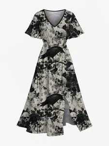 Rgothic Gothic Plus Size Skull Crow Flower Branch Distressed Print Split Pocket A Line Midi Dress,dress with pockets spring autumn sleeve a-line midi dress april outfit