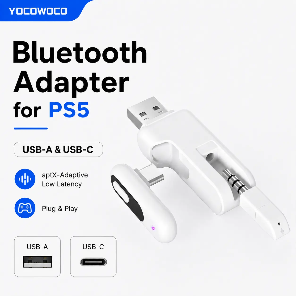 YOCOWOCO USB-C Bluetooth Adapter for PS5, 2-in-1 USB-A Bluetooth Audio Adapter with aptX-Adaptive & Low Latency, Wireless Audio Transmitter to Connect Bluetooth Headphones & Earbuds