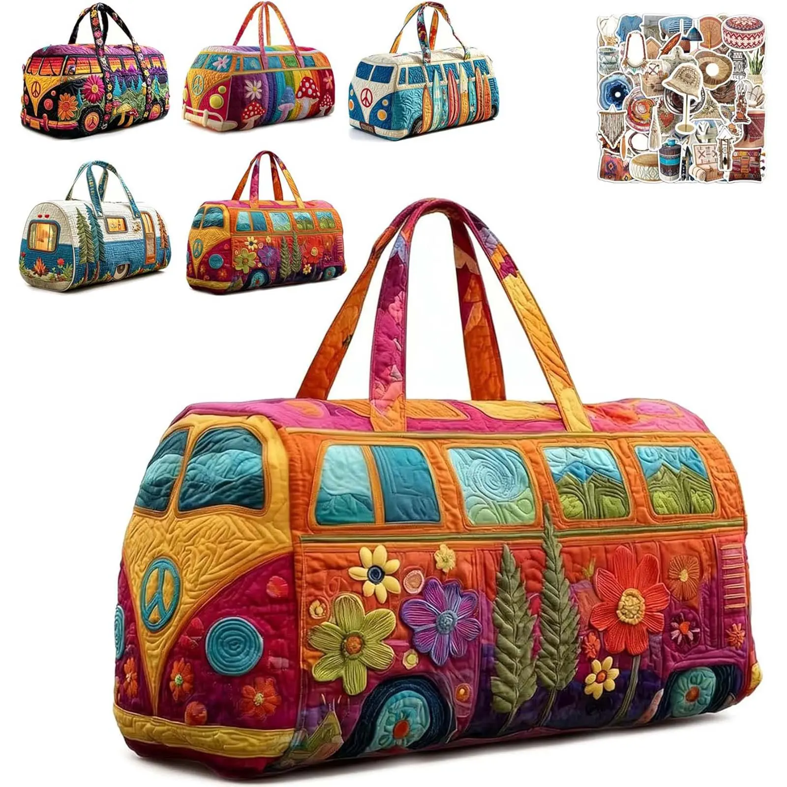 Retro Van-Shaped Quilted Printed Duffle Bag - Colorful Hippie Peace Sign, Wild Design Travel Weekender Tote Gym Travel Bag