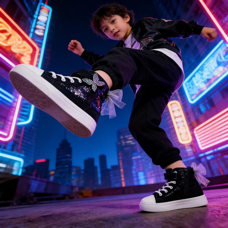 Toddler Sneakers for Girls Boys Canvas High Top Kids Fashion Sparkle Sequins Bow Shoes Running Walking Casual Shoes with Cute Sparkling Butterfly Design