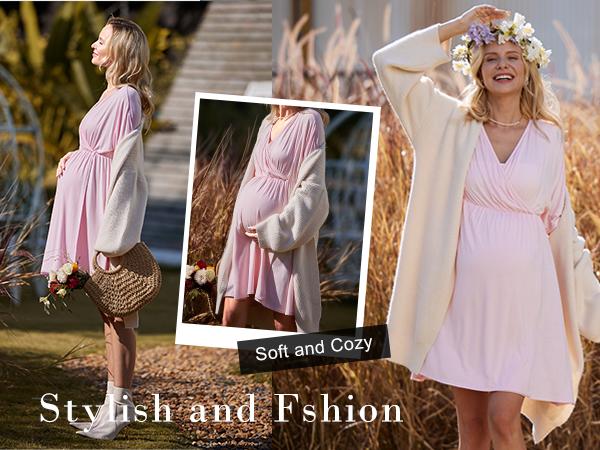 Ekouaer 3 in 1 Labor Delivery Hospital Gown Maternity Dress Nursing Plus Size S-XXL Skin Friendly Elastic Waistline V Neck Design Postpartum Outfit