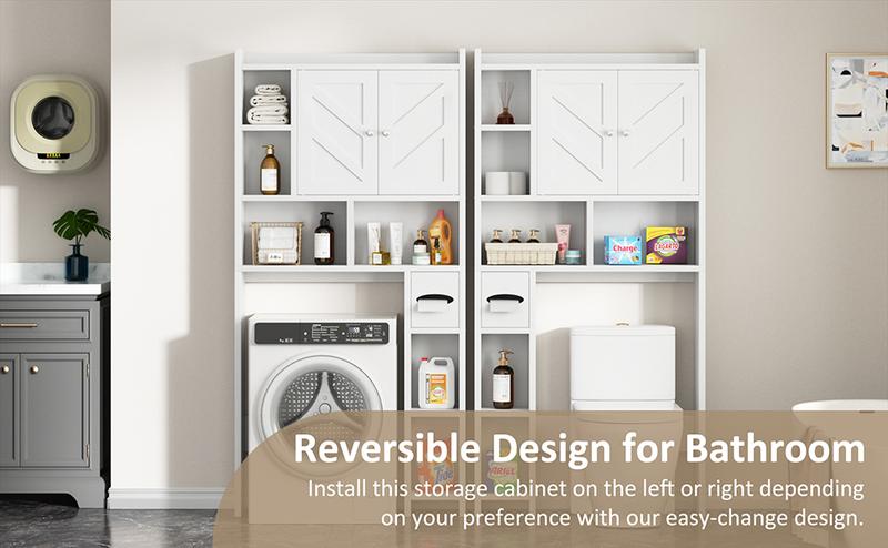 Walsunny Over The Toilet Storage Cabinet, Farmhouse Storage Cabinet with 2 Barn Door & Toilet Paper Holder Stand, Toilet Rack for Bathroom, Laundry Furniture Organizer, White