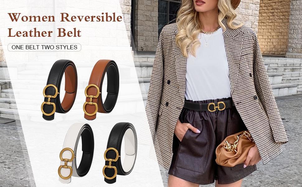 Fashion Elegant Women Reversible PU Leather Belt Vintage Two-in-One Dress Long Coats Belts Ladies Accessories with Golden Buckle