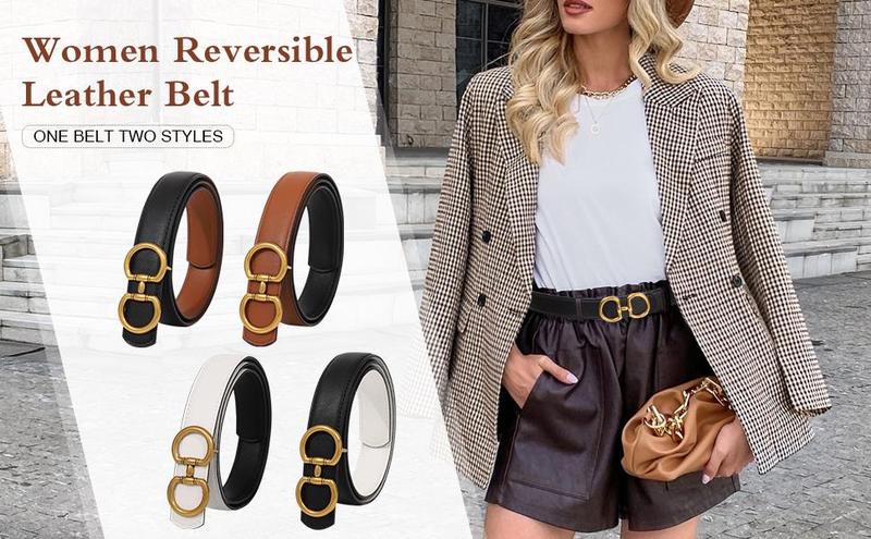 Fashion Elegant Women Reversible PU Leather Belt Vintage Two-in-One Dress Long Coats Belts Ladies Accessories with Golden Buckle