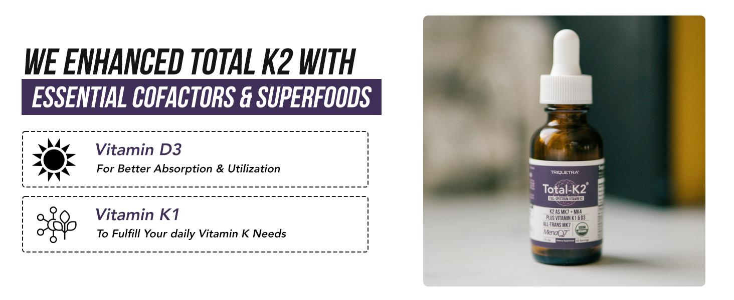 Total K2 | Full-Spectrum Vitamin K with D3 Cofactor – 620 mcg K2 (MK7 & MK4) per Serving – Vegan & Organic Certified Liquid – 1 oz