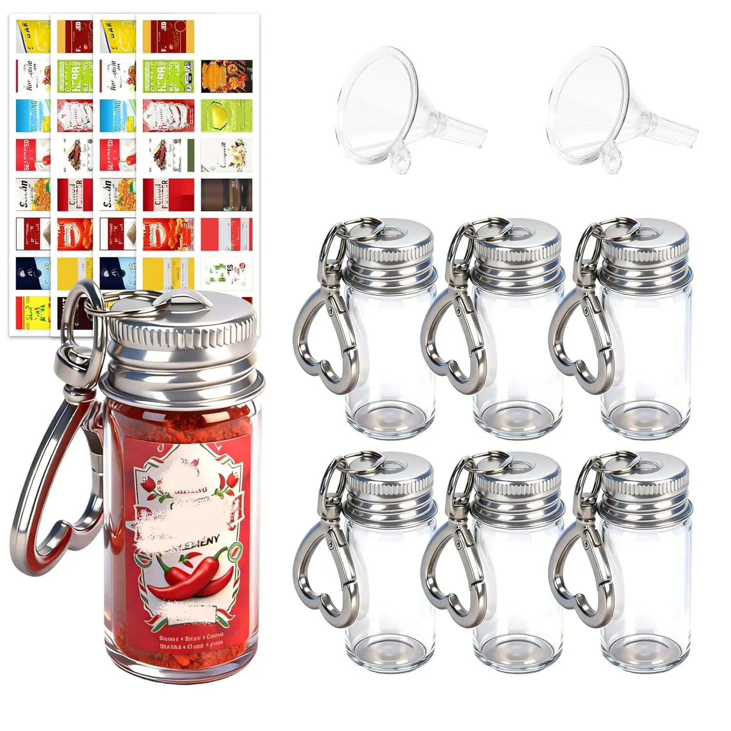Small Size Airtight Mini Seasoning Keychain Bottle Set - 6 Empty Glass Jars, Mini Funnels, 30-Style DIY Stickers, On-the-Go Holders for Travel, Camping, Lunchboxes (6+2+4 Total)