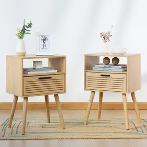 2 Sets Nightstand with Solid Wood Storage Drawer, Bedside Table for Bedroom Living Room Dorm, 2 Tier Modern Night Stands