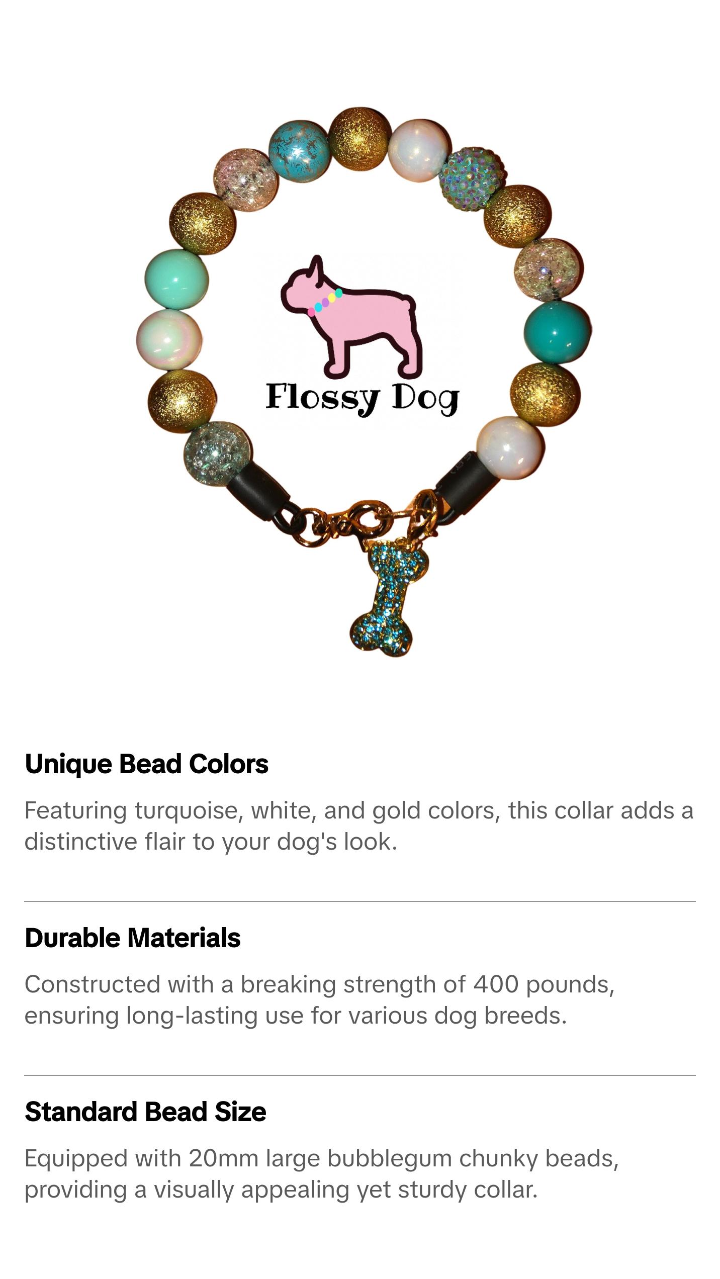 Seaside Beaded Dog Collar | Unique Pet Necklace With Beads | Turquoise, White & Gold Durable Dog Jewelry