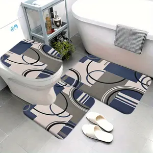 A 3pcs Modern Blue, Black, And Gray Plaid Patterned Bathroom Mat Set, Including a Toilet Seat Cover, a U-Shaped Toilet Mat, Made of Plush Material with a Soft Surface, Perfect for Decorating Your Bathroom