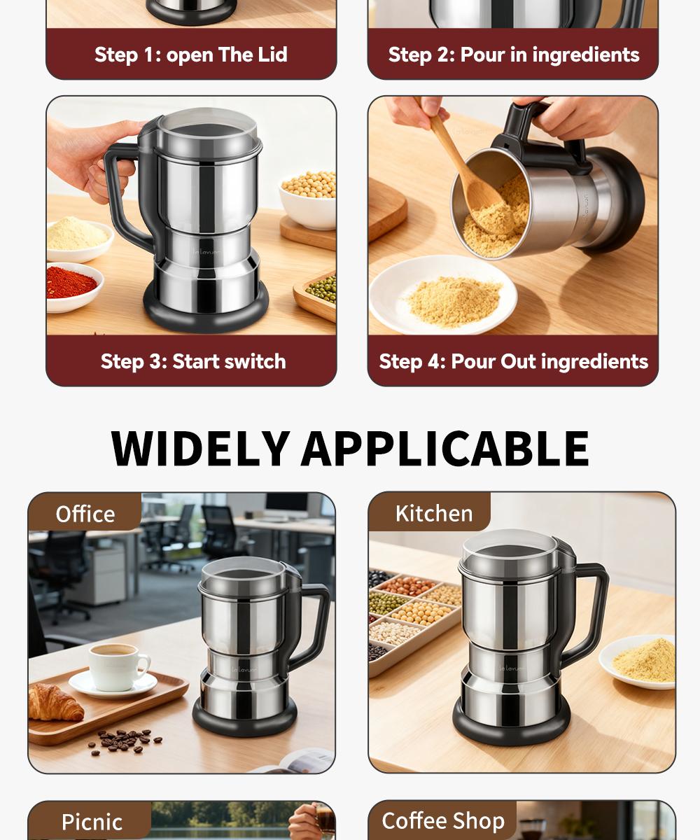 Electric Coffee Grinder Multifunctional Coffee Bean SpiceBeans Vanilla Stainless Steel Mixer 300W High PowerCrusher coffee grinder Electric Coffee Stainless SteelMeasuring Pitcher with Lid Espresso Distribution Tool withStand fast grind