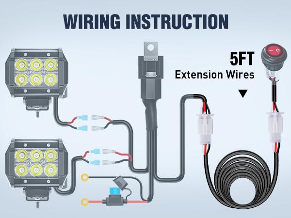 Nilight 2PCS Plug and Play 22AWG 5Feet Wiring Harness Switch Extension Kit for Off Road LED Work Light Bar