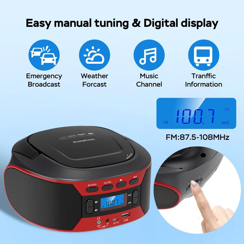 CD Player, Stereo Dual Speakers, AM/FM Radio, Stereo Headphone Jack, Audio Input, A-B Repeat Function, USB Player, TF Card Player, MP3 Player, Portable Speaker System, Radio, Wireless Speaker
