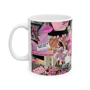 2026 Pink Vision Board Collage Mug Ceramic 11oz & 15oz Glossy White Drinkware Microwave Safe Dishwasher, Manifestation Coffee Cup, Just A Girl Meme Mug, Aesthetic Collage Drinkware