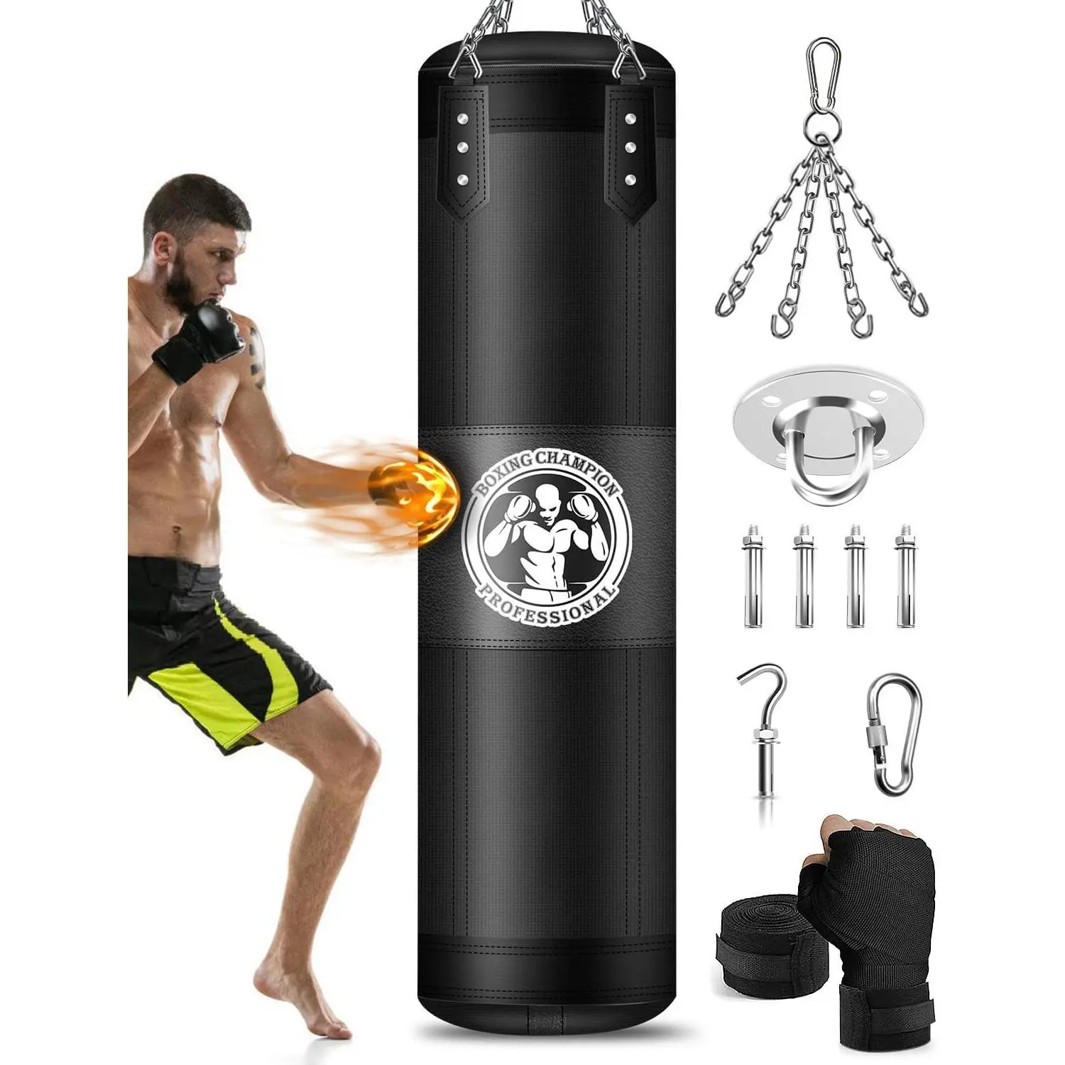 Punching Bag for Adults, 4FT PU Heavy Boxing Bags with Chain Ceiling Hook, Hanging Boxing Bag for Kickboxing Muay Thai Karate Judo Taekwondo Home Gym Training, Unfilled