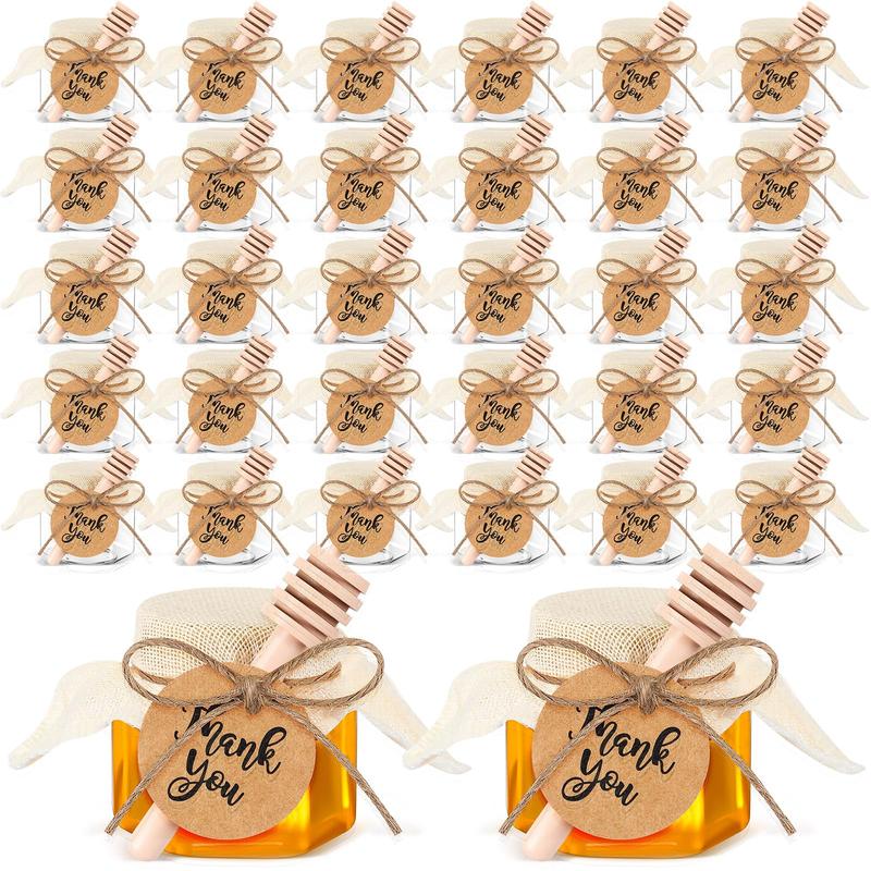 50 Pcs Mini Honey Jar Set Baby Shower Prize Glass&Plastic Jars with Wooden Dipper Bee Charms Thank You Cards Burlap fabric Twine String Thank You Gift for Couple Guest,Bridal Shower Baby Shower Party Decorations,Anniversary Birthday Wedding Gifts