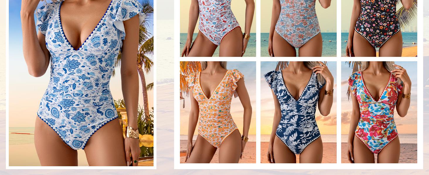 Aidonger Women's One Piece Ruffle Swimsuit Tummy Control Bathing Suit V Neck Shell Stitched Swim Suit Slimming Swimwear