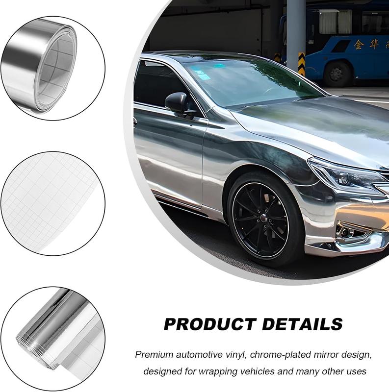 Silver Chrome Vinyl, 12" x 60'' Silver Permanent Vinyl Roll, Chrome Mirror Metallic Silver Adhesive Vinyl for Cricut, No Bubble Mirror, for Car Wrap,Stickers,Decal,Lettering