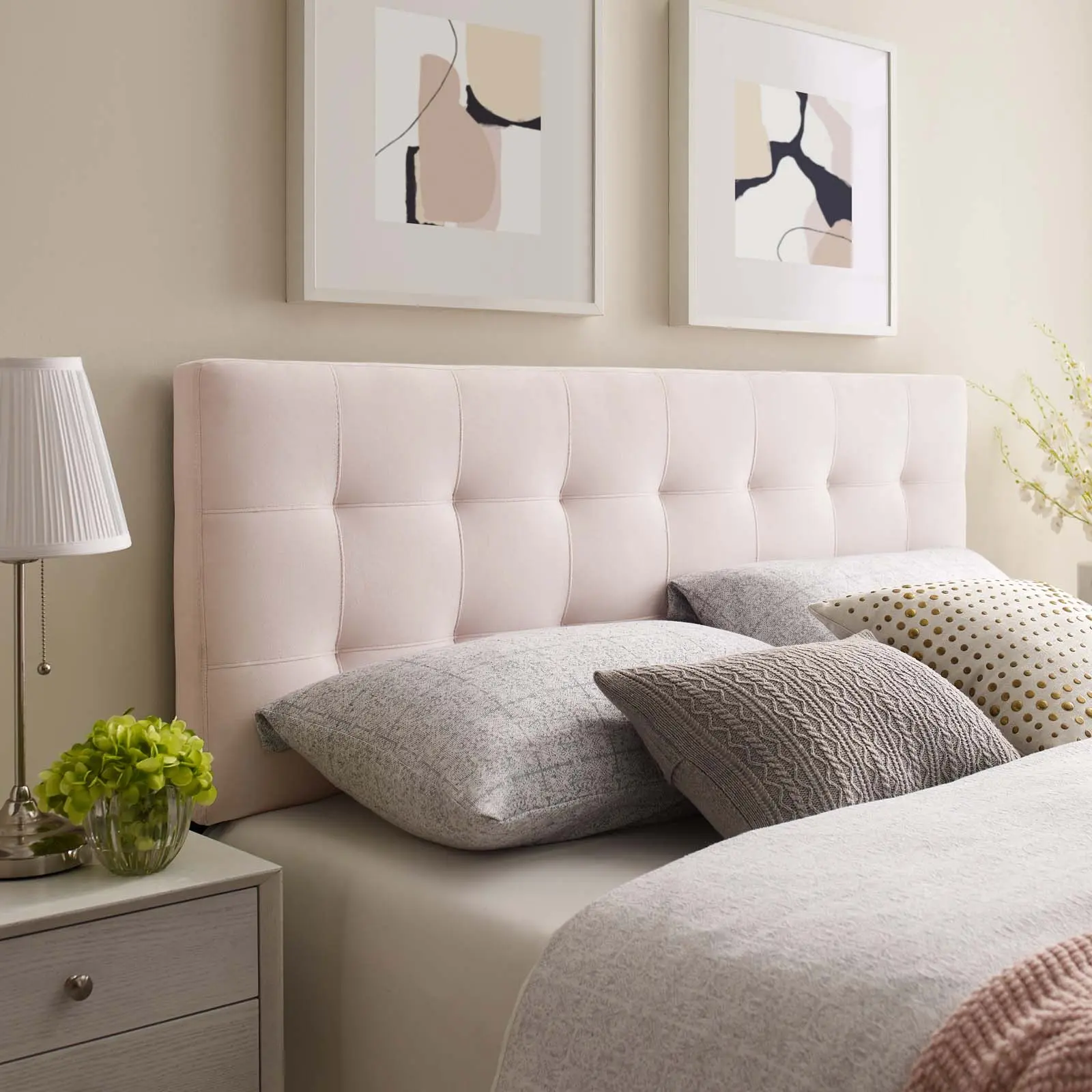 Modway Lily Queen Fabric Upholstered Headboard - Biscuit Tufted Performance Velvet Pink, Adjustable for Queen Bed Frame, Modern Bedroom Headboard for Bed, Plywood Frame