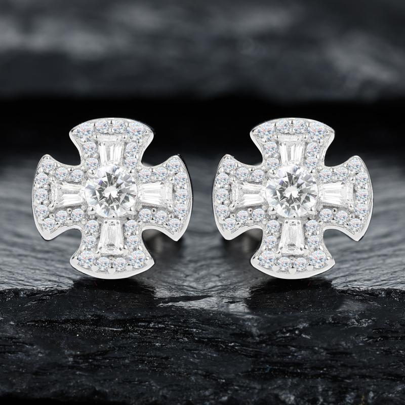 【#E567】Creative Cross Stud Earrings UCClYO Four-Leaf Clover Lab-Created Moissanite Earrings for Women 925 Sterling Silver Men's Stud Earrings Hip-Hop Jewelry Couple Gift Valentine's Day