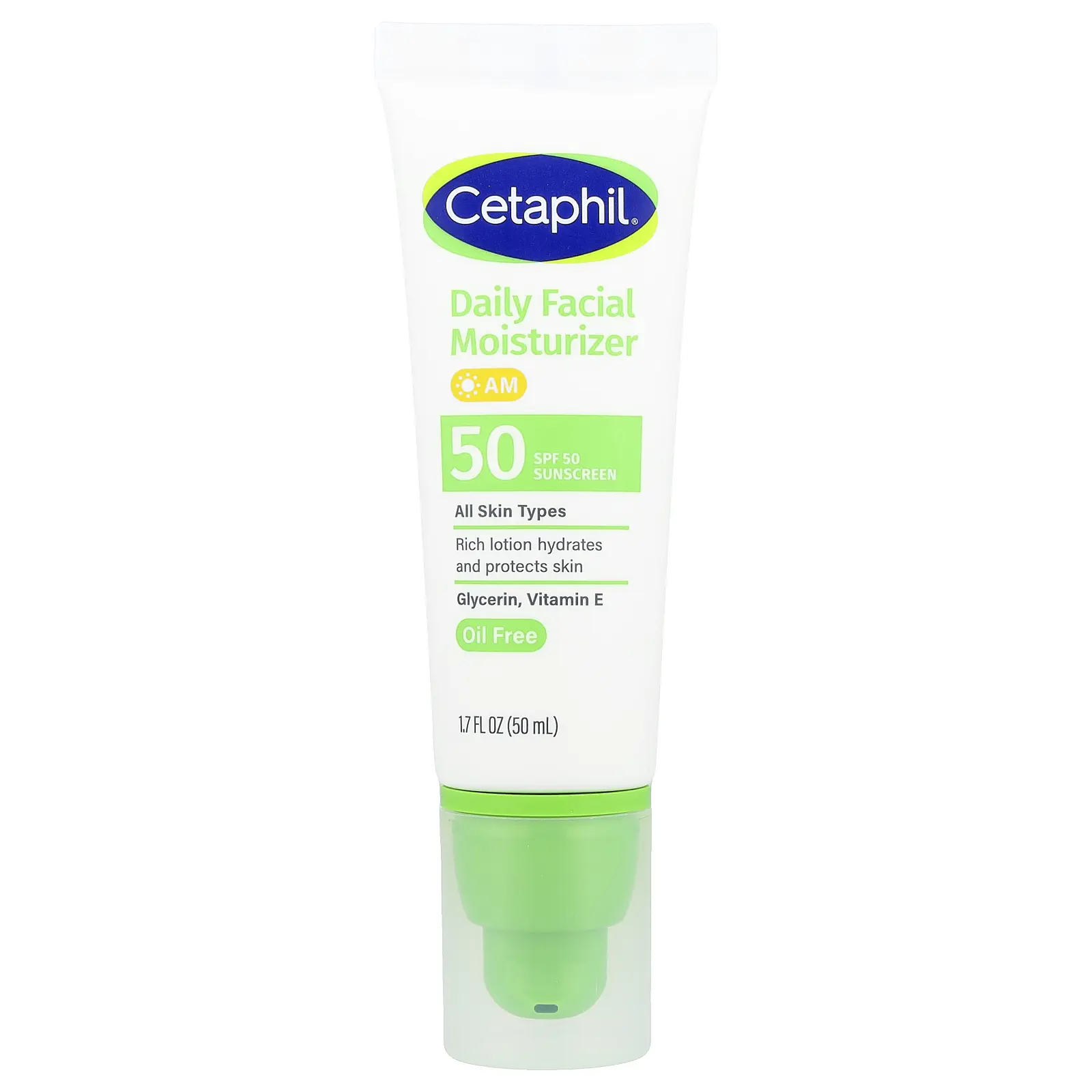 Cetaphil Daily Facial Moisturizer, Sunscreen, SPF 50, Fragrance Free, 1.7 fl oz (50 ml)