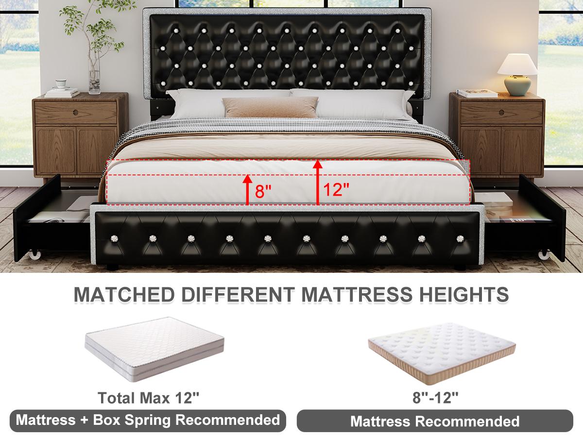 Queen LED Bed Frame with 2 Storage Drawers, Upholstered Platform Bed with Crystal Button Tufted Headboard, Noise-Free, No Box Spring Needed – PU & Velvet, Black/Gray/White/Cream