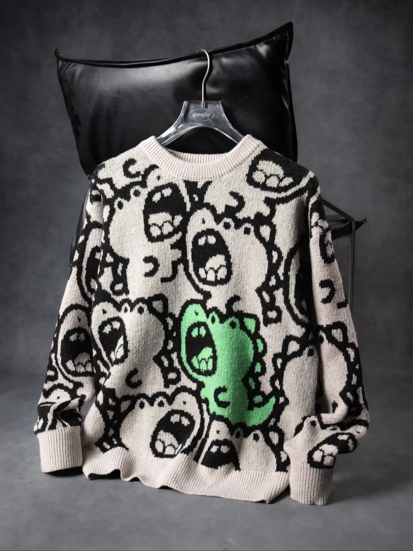 Men's Skull Print Dinosaur Knit Sweater Knitwear Loose Long Sleeve, Casual Autumn/winter Fashion, Street Style Design, Perfect for Daily Wear & Gifts