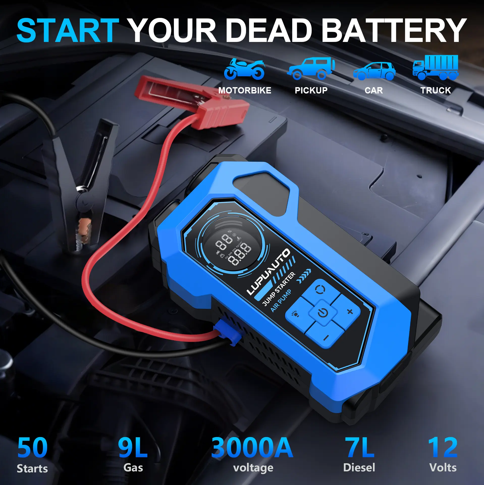 Q18B 4-in-1 emergency power starter with air compressor, USB-C fast charging, power bank, and LED light