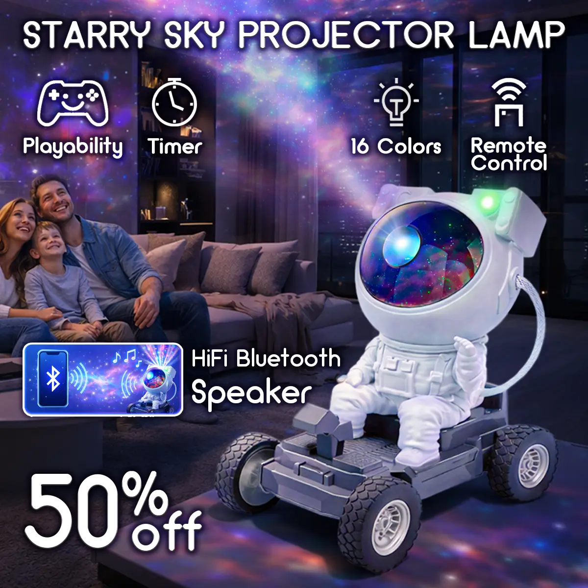Moon Rover Astronaut Galaxy Projector Star Projector Night Light Bluetooth Speaker Remote Timer LED Nebula Ceiling Light Bedroom Decor Kids Room Aesthetic Room Decor Space Gift for Kids Teens Couples Space Lovers Home Ambience Light Relaxing Lamp sohochic