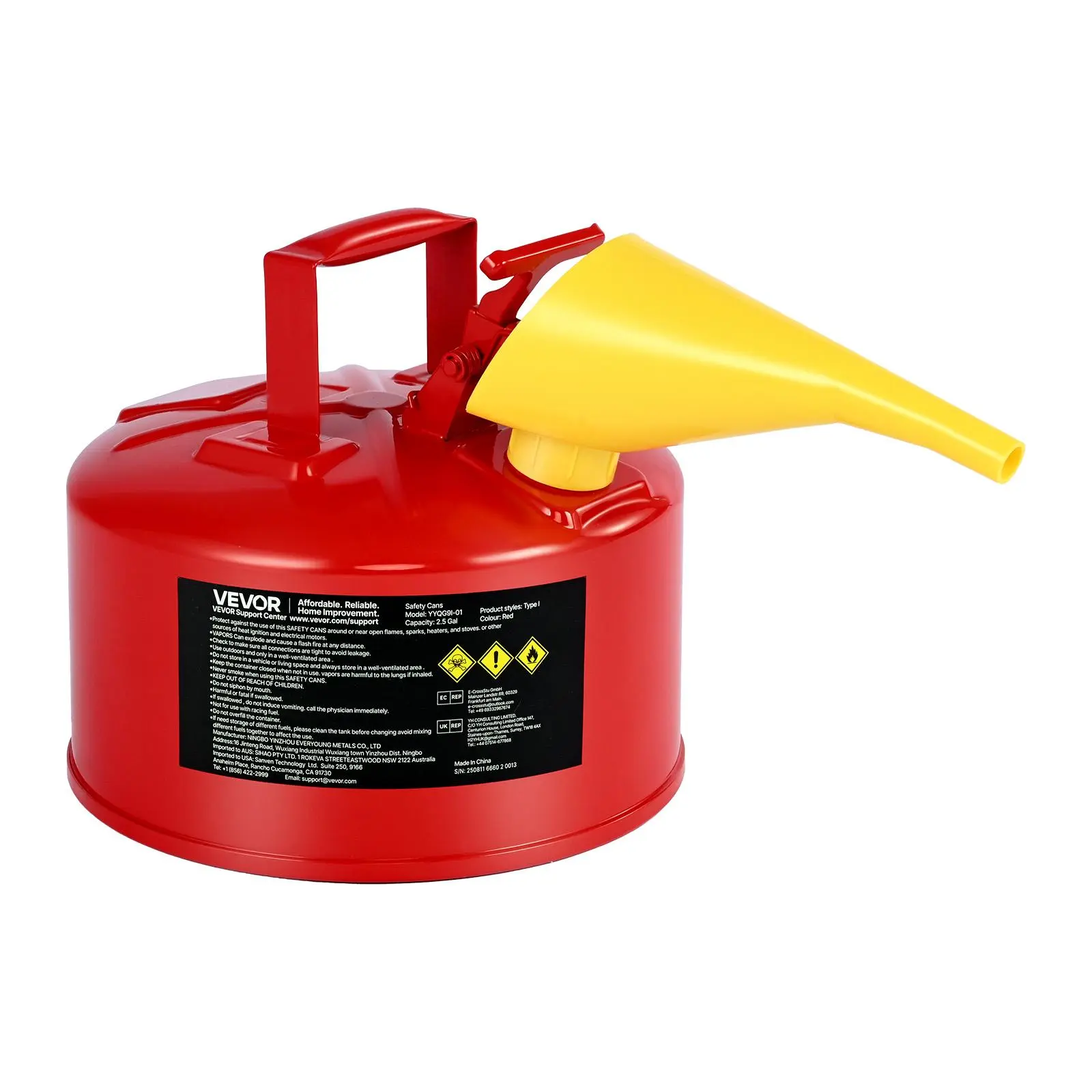 【SummerFinds】VEVOR Safety Gas Can, 2.5 Gallon Type I Red Safety Can for Gasoline with Stainless Steel Flame Arrester, Self-Closing Lid, and PE Funnel, Carbon Steel Flammable Storage Container with Ergonomic Handle